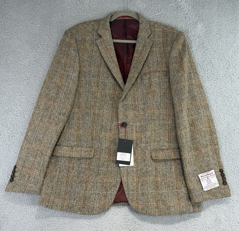 New Dobell x Harris Tweed Brown Orange Window Pane Herring Blazer Sz 44R EU 54